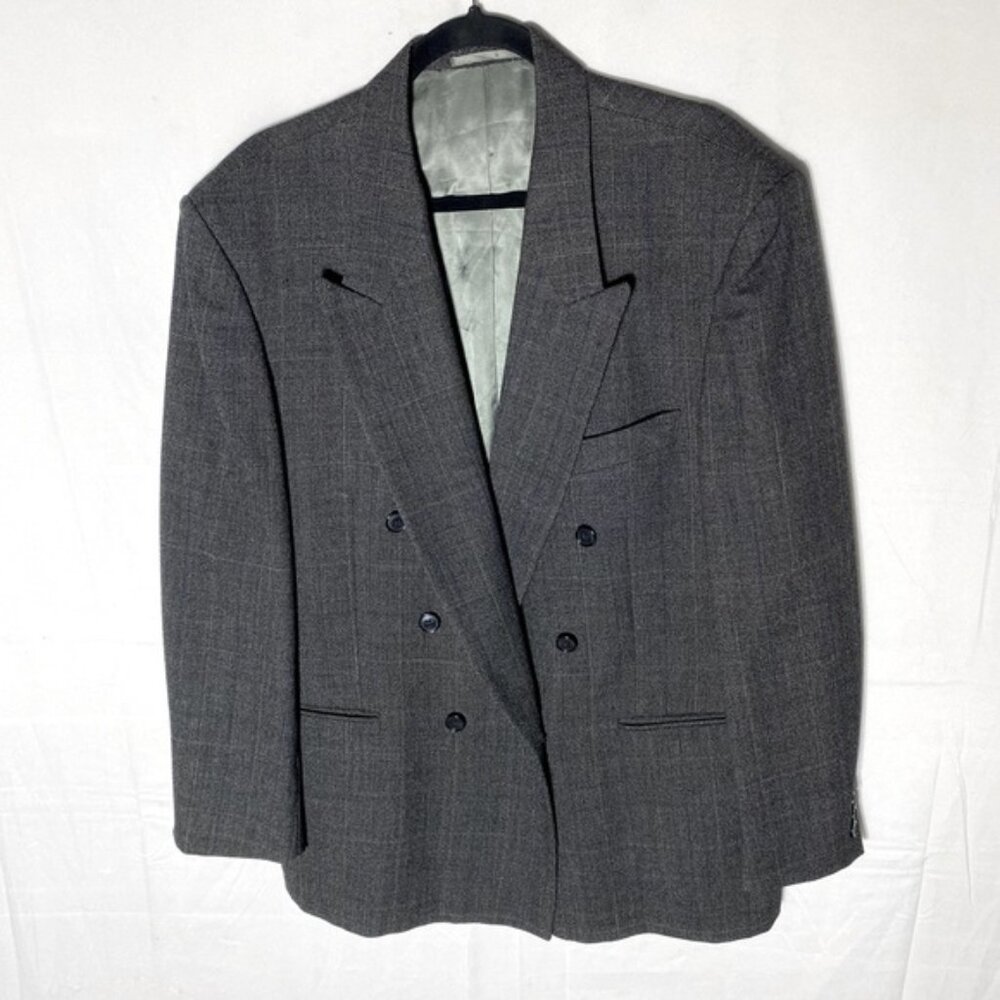 Vintage Steel Dark Grey Double Breasted Virgin Wool Blazer 42R Academia Dadcore